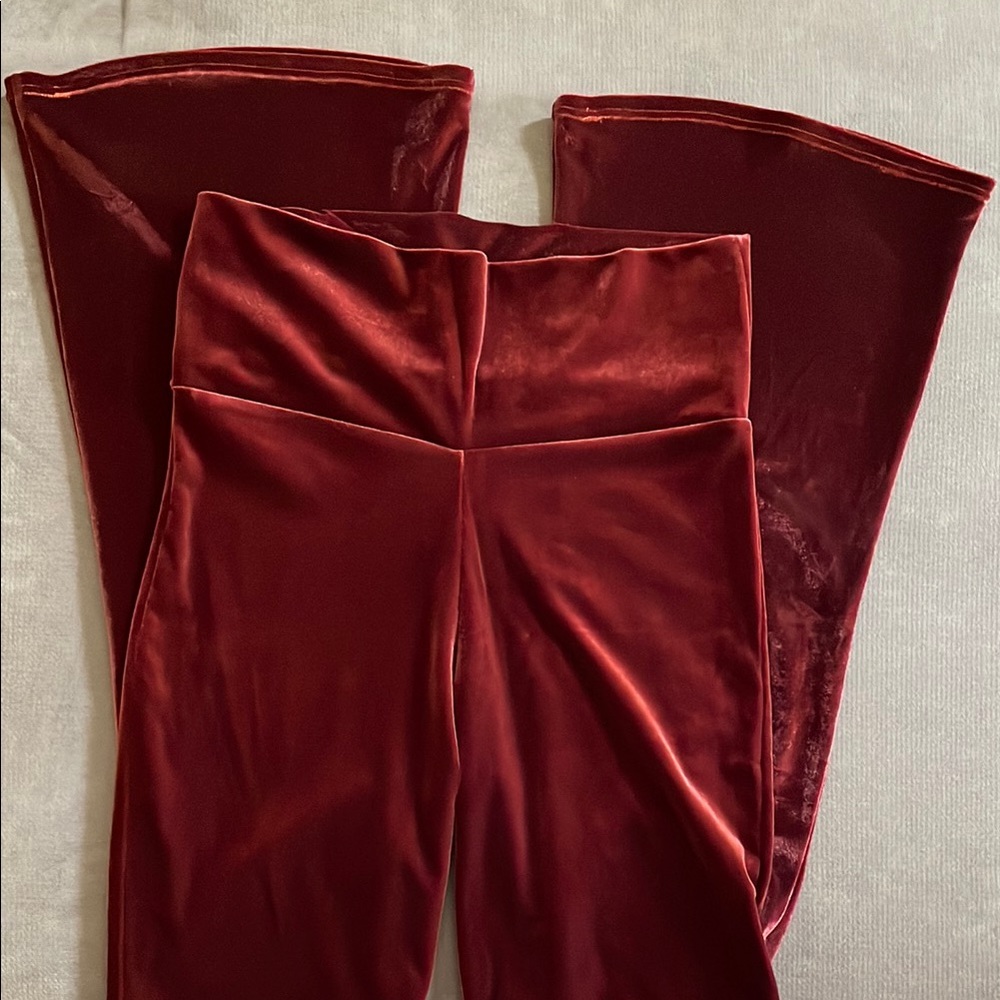 Home Cooked Karma Womens High Waisted Brick Red Velvet Bellbottoms